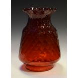 Large cranberry glass paraffin lamp shade with flared wavy neck and 'quilted' effect moulding to