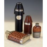 Four assorted spirit flasks comprising: small metal-mounted hide hip flask, larger example with