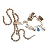 White metal rope twist design necklace, together with a white metal curb link charm bracelet