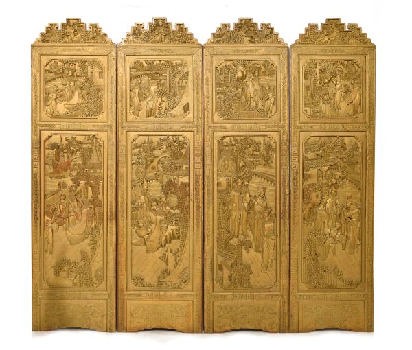 Early to mid 20th Century Chinese relief-carved four-fold dressing screen, each fold with