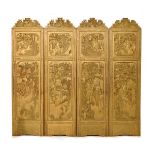 Early to mid 20th Century Chinese relief-carved four-fold dressing screen, each fold with