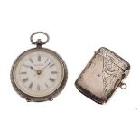 George V silver vesta case, Birmingham 1926, together with a Swiss 935 standard lady's fob watch,