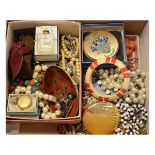 Quantity of assorted dress/costume jewellery to include; bead necklaces, bangles, empty Chanel No.