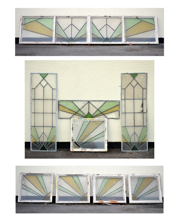 Early to mid 20th Century Art Deco style stained and leaded glass door surround of nine assorted