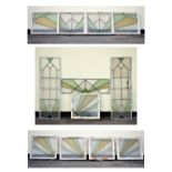 Early to mid 20th Century Art Deco style stained and leaded glass door surround of nine assorted