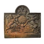 Cast iron fireback after a 17th Century original having Royal Arms for Charles II and pseudo date
