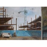 Deborah Jones (20th Century) - Figures and vehicle outside a multi-storey car park with cranes