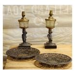 Pair of French style figural table lamps, each having an etched glass drum-shaped surmount over cast