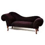 Reproduction double scroll end chaise longue upholstered in purple dralon and standing on cabriole