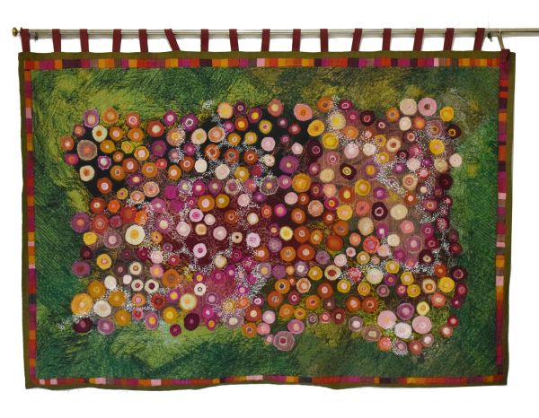 Cynthia Pearson - Silk and needlework wall hanging of scattered flowerheads, approximately 169cm x