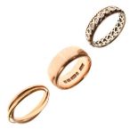 9ct gold wedding band, Birmingham 1915, size N½, a 9ct gold eternity ring set white stones, and a