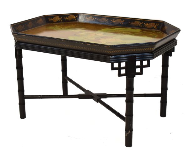 20th Century black-lacquered chinoiserie tray table of canted oblong form, decorated with Mandarin