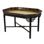 20th Century black-lacquered chinoiserie tray table of canted oblong form, decorated with Mandarin