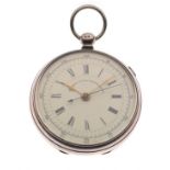 Victorian silver cased key wind patent lever chronograph, the white enamel Roman dial with centre