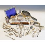 Box containing assorted silver, white metal and silver-plated items to include; a trinket box of