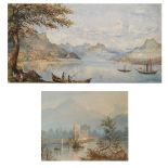 19th Century watercolour depicting a Continental lake scene with fisherman, 16cm x 35cm, together