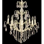 Modern cream painted metal and glass eight-branch ceiling light or electrolier having a bulbous