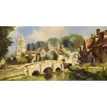 English School circa 1970 - Oil on canvas - View of Castle Combe main street from the river