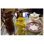 Small group of 19th Century ceramics to include; three copper lustre jugs, yellow-ground jug with