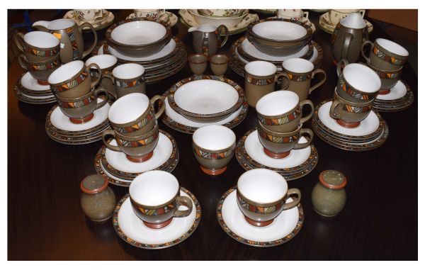 Large selection of Denby olive green pottery dinnerwares with mosaic borders Condition: