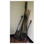 Selection of garden tools to include; fork, spade, rake, brushes etc Condition: