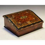 Victorian abalone and pewter inlaid burrwood and ebonised writing box, the hinged cover opening to