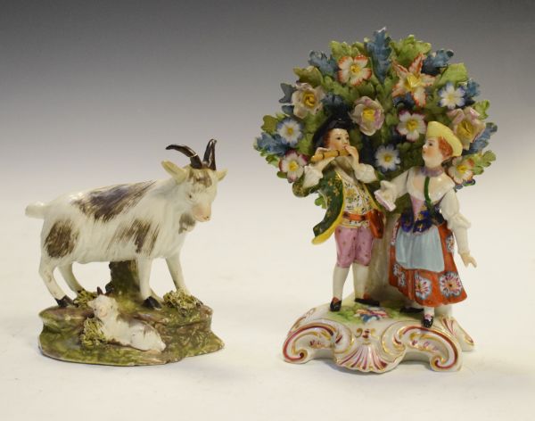 19th Century Staffordshire pearl glazed figure of a goat with kid, 10cm high, together with a