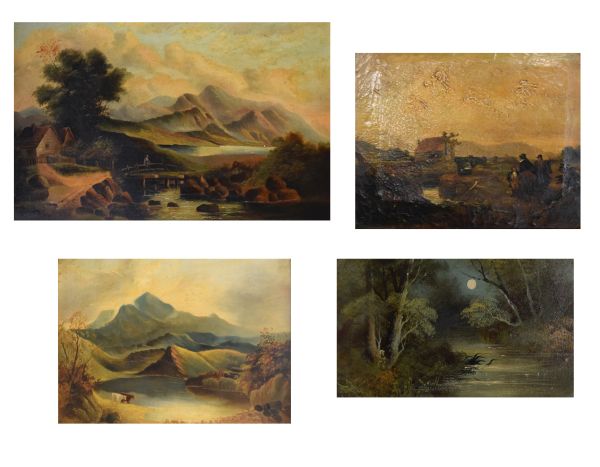 Four 19th Century oil paintings to include; a pair of oils on board, early oil on canvas with