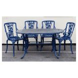 Blue-painted cast iron garden/patio dining set comprising: table and four armchairs, all with rose