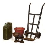 Vintage sack truck/barrow, together with an Ulgas petrol can, red-painted fire bucket, scales etc