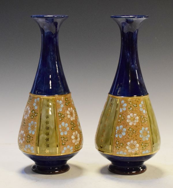 Pair of Royal Doulton Slaters Patent baluster shaped vases decorated with a typical band of textured