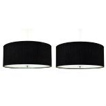 Large pair of modern ceiling light shades, each of drum form with pleated black borders enclosing