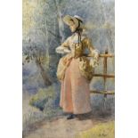 Cath. B. Gulley - Watercolour - Portrait of a lady, depicted full-length standing against a fence in