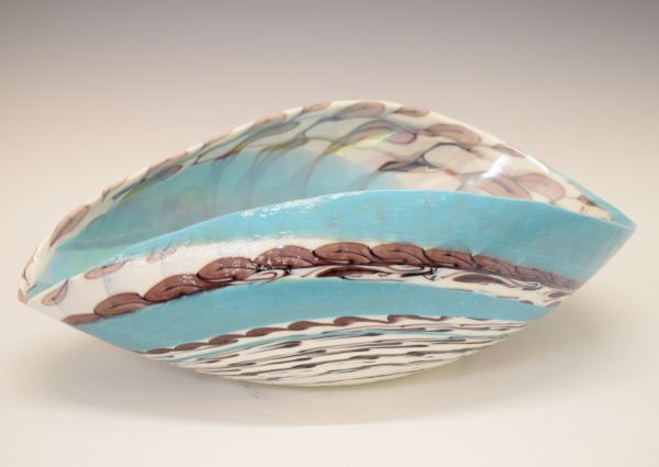 Italian Murano glass bowl of oval shell design with pale blue decoration, stickers to rim and