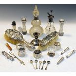 Various cut glass dressing jars and bottles with silver mounts, silver backed hand brush etc