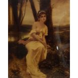 Early 20th Century chrystoleum depicting a young lady in a woodland glade, 24cm x 18.5cm, in gilt