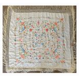 Silk embroidered shawl decorated with birds amongst scrolling foliage Condition: