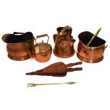 Assorted metalwork to include; 19th Century copper rum funnel and vessel, two coal helmets, kettle
