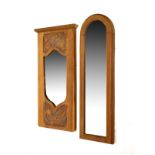 Two small pine framed wall mirrors, one with shield-shaped bevelled plate, the other arched (2)