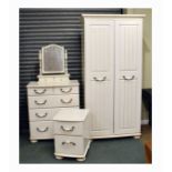Cream-finished double wardrobe, dressing chest and two drawer bedside chest, each with crackle