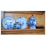 Small group of Chinese porcelain comprising: a baluster jar and cover with wooden stand, two blue