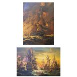 Two oils on canvas depicting sea battles in the 19th Century French manner, one indistinctly