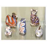 Five Royal Crown Derby figural paperweights - Dragon, Cat, Chipmunk, Rabbit and Harvest Mouse