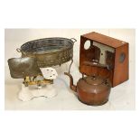 Assorted metal work etc to include; copper kettle, brass planter, chemical balance and grocers