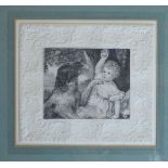 Victorian engraved print depicting a child and dog at play within foliate embossed border, 18.5cm