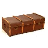 Vintage canvas travel trunk with leather handles and wooden ribs Condition: