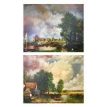 Two large late 20th Century oils on canvas after Constable - The Hay Wain and Dedham Mill, both 74cm