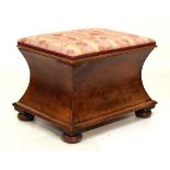 Victorian mahogany sarcophagus shaped ottoman having a stuffed seat and standing on bun feet