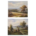 P. Wilson - Oil on canvas - Two landscapes with shepherd and flock of sheep, 49.5cm x 59.5cm, framed