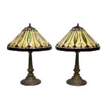 Pair of reproduction Tiffany-style table lamps, each with conical shade, on gilt metal stem, 62cm